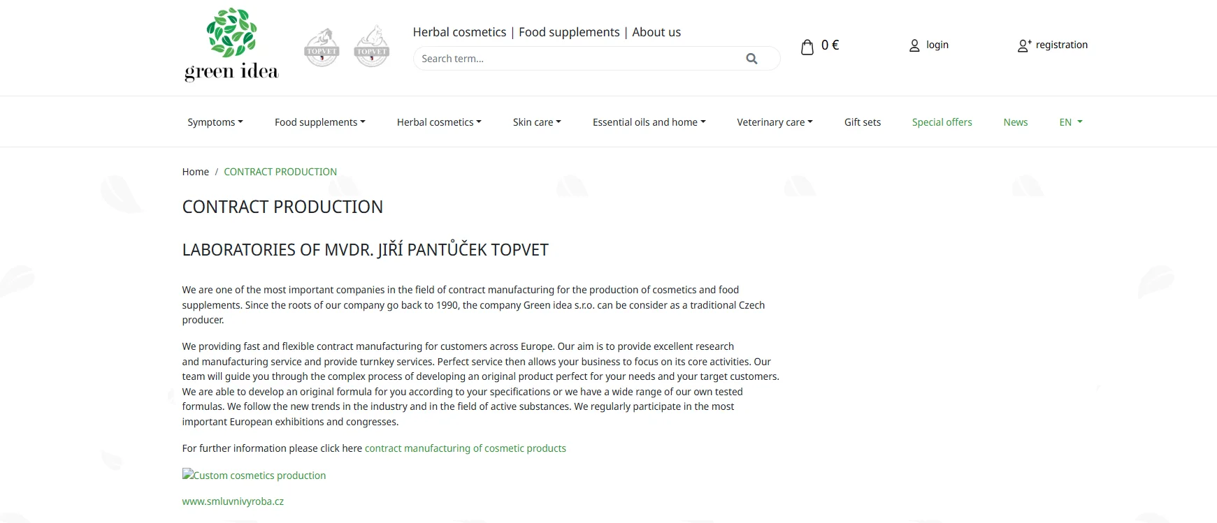 Webpage screenshot of Green Idea Laboratories highlighting contract production for cosmetics and food supplements.
